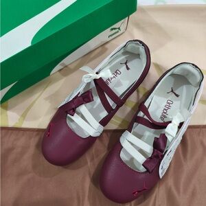 Puma Women’s Burgundy Ballet Flats with White Strap Details
